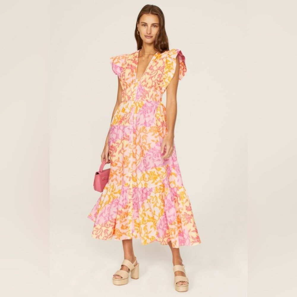 DEREK LAM COLLECTIVE Button up Cap Sleeve Tiered Midi Dress V neck Ruffled Sz 44